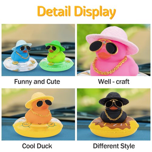 wonuu 2Pcs Car Dashboard Decorations Color Ducks, Rubber Duck for Car Ornament Accessories with Mini Hat Sunglasses Necklace and Swim Ring, A_Green&White Duck+Green Sun Hat&Soccer Hat