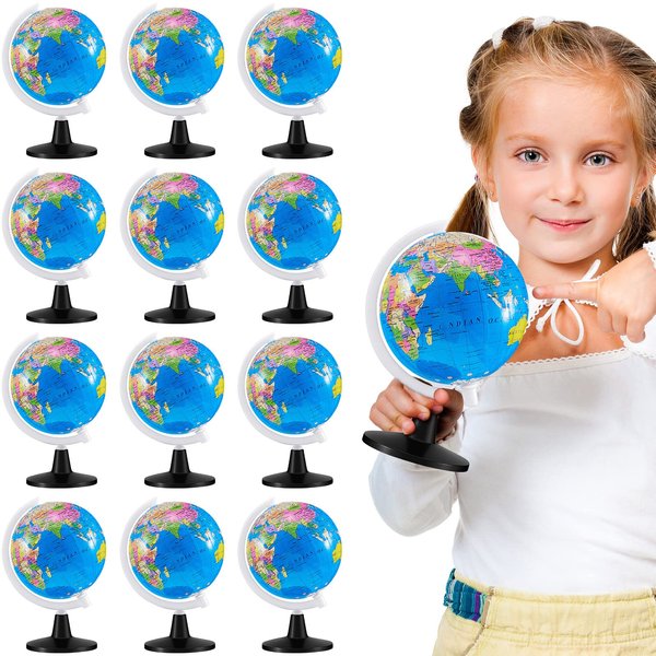 Henoyso 12 Pcs World Globe for Kids Learning 3.4 Inches Mini Rotating World Map Globes Educational Globes with Stand Kids Globe Desk Classroom Decorative Globe for Kids Geography Table Decor, Blue