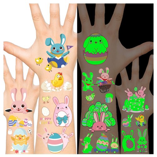 Leesgel Temporary Tattoo for Kids, Easter Eggs Chicken Tattoo Stickers, Luminous Kids Tattoos for Filler Easter Egg Basket Stuffers Easter Party Favors Decorations Supplies School Rewards