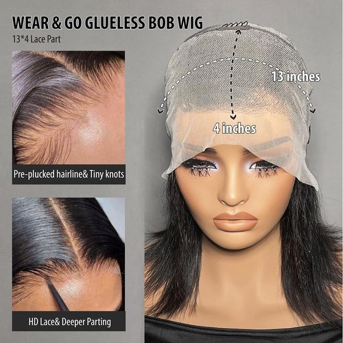 12 Inch Bob Wigs Human Hair 13x4 Frontal HD Transparent Lace Wig Closure Black Straight Bob Wig for Women Glueless Pre Plucked Pre Cut 200% Density Short Bob Virgin Hair Wig for Halloween Christmas
