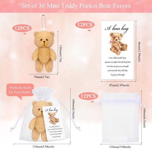 Zhanmai Set of 12 Mini Plush Smile Bears Gift Little Pocket Bear Inspirational Bear Hug Gift Card Organza Bags for Valentine's Day Class Baby Shower Birthday Graduation Party Favors