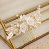 Soulshow New Handmade Ceramic Flower Wedding Hair Accessories Pearl Gold Alloy Leaf Wedding Hair Comb Bridal Hair Accessories Classical Wedding Headpiece for Bride