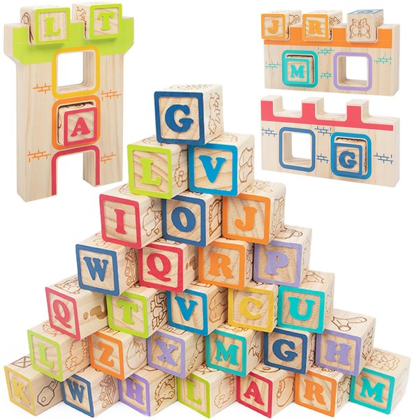 Wooden Building Blocks for Toddlers 2-3, ABC/Animals Castles Montessori Toys, Preschool Learning Toys Stacking Block for Preschool Girls and Boys Gifts