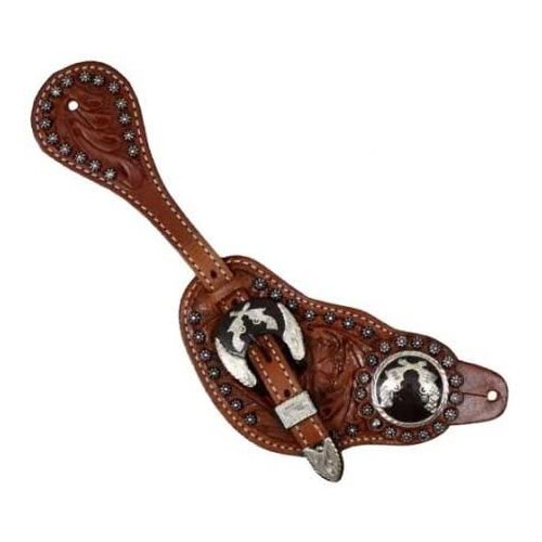 Showman Men's Tooled Leather Spur Straps w/Silver Cross Pistol Conchos