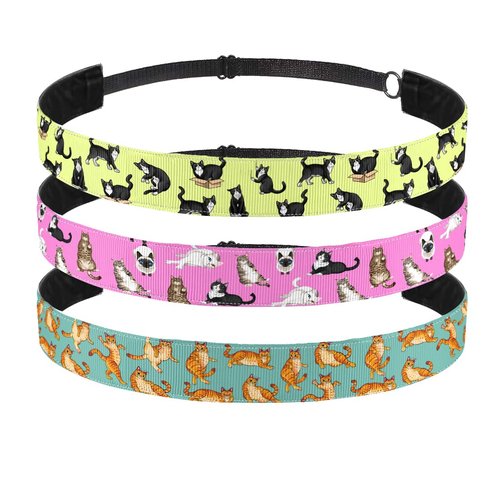 WIRESTER Set of 3 Elastic Fashion Headbands, Adjustable Hair Bands, Cute Non-Slip Hair Accessories for Women Girls - Lazy Cats, Tuxedo Cat, Orange Tabby Cat Funny Playful Postures