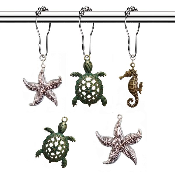 Molika Shower Curtain Hooks Rings - Rustproof Metal Curtain Hangers，Starfish Seahorse Turtle Decorative Bath Room Animal Accessories Set - Creative Ocean Cartoon Theme Bathroom Decor, 12PCS