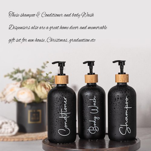 17 oz Shampoo and Conditioner Pump Bottles Soap Dispenser Bamboo Pump Head Empty Glass Refillable Shampoo Conditioner Body Wash Soap Bottles for Bathroom, 3 Pack, Black
