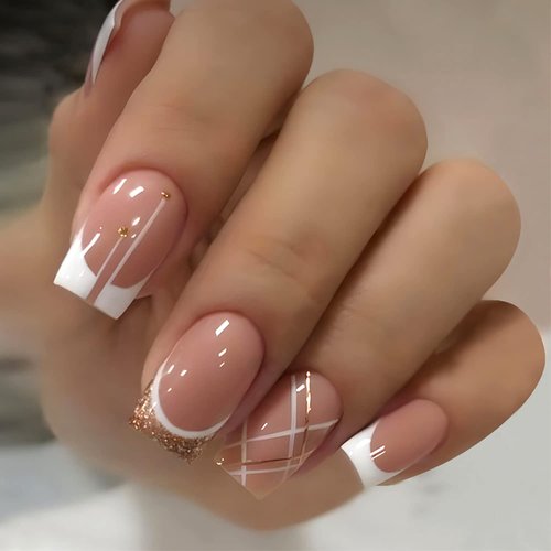 24 Pcs French Tip Press on Nails Short Square False Nails White Gold Lines Fake Nails with Gold Glitter Designs Glue on Nails Nude Pink Full Cover Sticker on Nails Acrylic Artificial Nails for Women