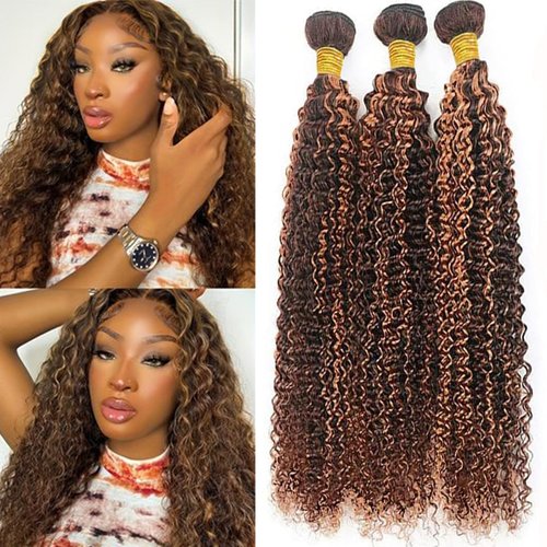 P4/30 Highlight Human Hair Bundles Curly Bundles Human Hair 16 18 20Inch Human Hair Curly Human Hair Bundles Ombre Brown Bundles Human Hair Double Weft Hair Extensions (P4/30-JC-16 18 20)
