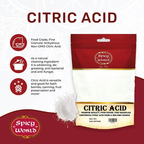 Spicy World Citric Acid 2 LB Bag - 100% Pure, Food Grade & Non-GMO - Citric Acid Powder for Cleaning, Bath Bombs, Preserving - Fine Granular