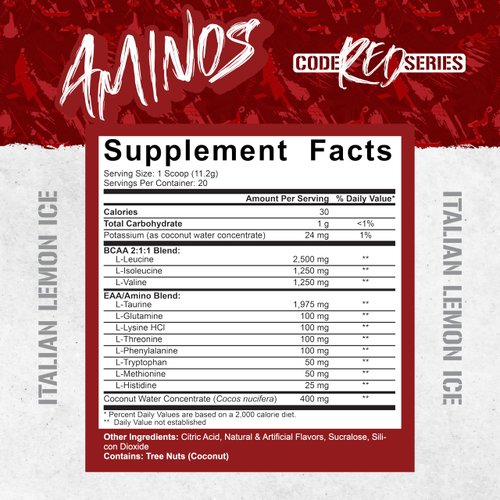 5% Nutrition Code Red Aminos BCAA & EAA Post Workout Recovery Powder | Full Spectrum Essential Amino Acid Complex for Men & Women (Italian Lemon Ice)