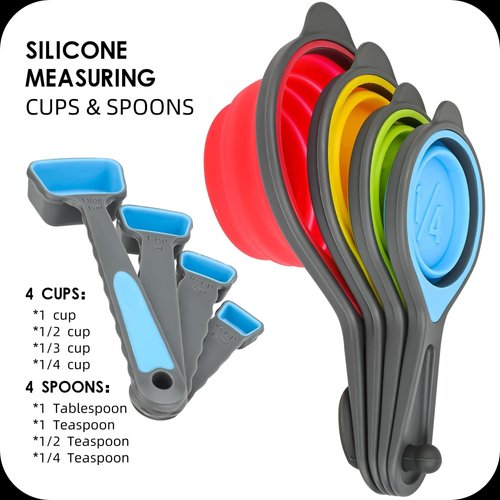Hotsyang Collapsible Measuring Cups and Spoons Set,8 Piece Portable Silicone Measuring Cups and Spoons for Liquid & Dry Measuring, Food Grade Silicone Measuring Tools Set,Yellow Color (Random Rainbow)
