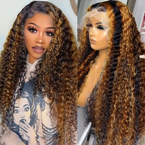 vestlucky 200 Density FB/27 Balayage Highlight Lace Front Wigs Human Hair Pre Plucked 16inch Ombre Deep Wave HD Lace Frontal Wig Colored 13x4 Black with Blonde Skunk Stripe Curly Wigs for Women
