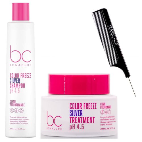 Kuss Comb + Schwarzkapf BC Bonocure COLOR FREEZE pH 4.5 SILVER Shampoo & SILVER Treatment DUO SET for Grey & Lightened Hair, (w/Steel Pin Rat Tail Comb) (Shampoo (8.4 oz) + Treatment (6.7 oz)), White