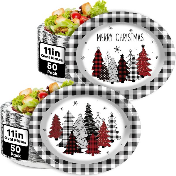 100 PCS Buffalo Plaid Christmas Tree Party Oval Paper Plates Xmas Tree Buffalo Plaid Disposable Platters 11 Inch Merry Christmas Plates Dinnerware Serving Tray for Holiday Dinner Party Supplies