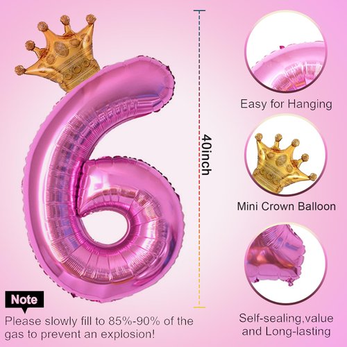 40 Inch Hot Pink Number 6 & Mini Crown Balloon for Birthday Party Decorations, 6th Birthday Party Decorations, Baby Shower Anniversary Balloons Decorations Supplies