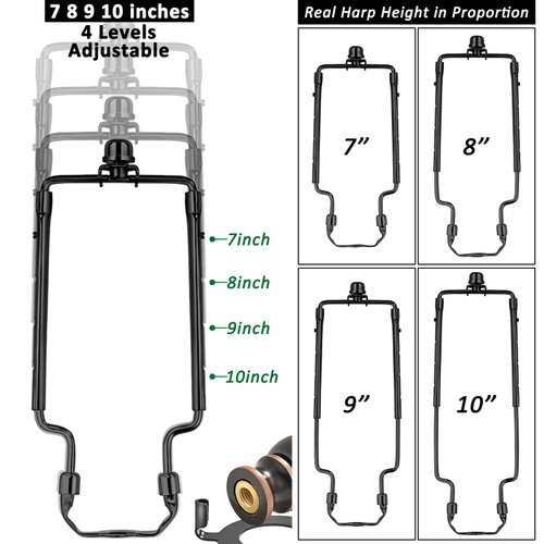 7 8 9 10 inch Lamp Shade Harp Holder,Adjustable Lamp Harp Kit,Fit Both Standard Lamp Rod and E26 Light Base UNO Fitter Adapter,with 2 Shade Attaching Finial Top (Black Color - 1 Set)