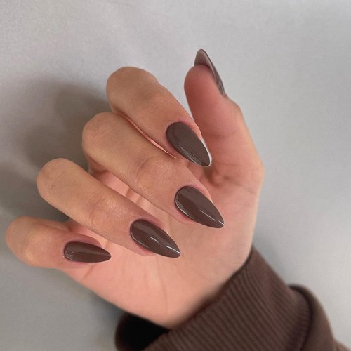 48Pcs Dark Coffee Brown Press on Nails Almond Fake Nails Glue on Nails Medium Length Almond Shaped Nails Press ons, Stiletto Nails False Nails for Women, Thick Medium Almond Nails Acrylic Gel Nail