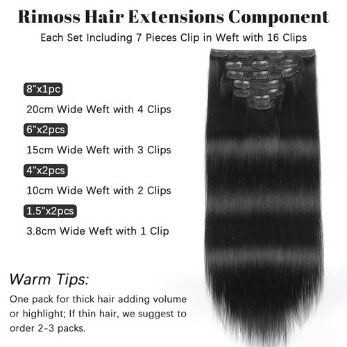 Clip in Hair Extensions Real Human Hair 140g Hair Extensions Real Human Hair Clip ins Natural Black 7pcs Straight, Rimoss Premium Soft Remy Human Hair Clip in Extensions for Women (#1B 16 Inch)