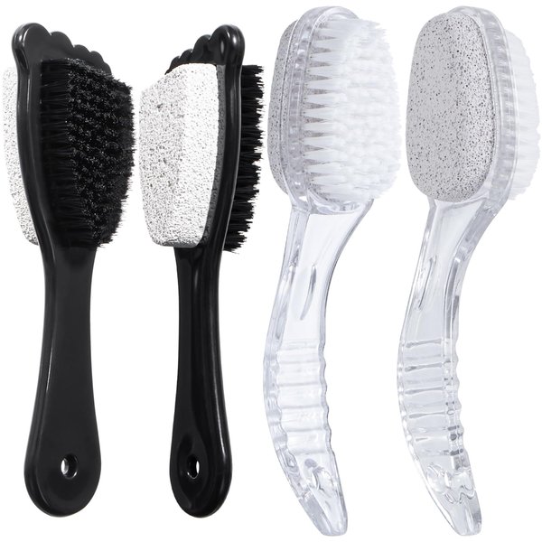 4 Packs Foot Pumice Stone Brush Callus Remover, Beomeen 2 in 1 Foot Shower Pedicure Scrubber with Handle, Foot File with Dense Bristles for Deep Cleansing and Exfoliation, Dry Skin Removal