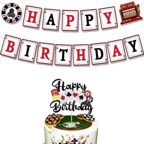 Ushinemi Casino Theme Party Decorations Poker Night Happy Birthday Banner With Glitter Las Vegas Casino Cake Decorations Poker Cake Topper Casino Party Supplies