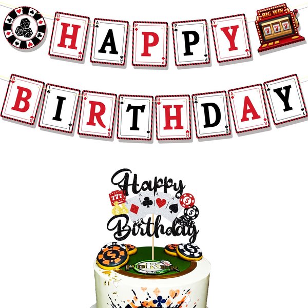 Ushinemi Casino Theme Party Decorations Poker Night Happy Birthday Banner With Glitter Las Vegas Casino Cake Decorations Poker Cake Topper Casino Party Supplies