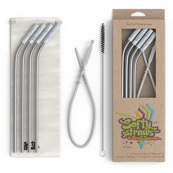 Softy Straws Premium Reusable Stainless Steel Drinking Straws With Silicone Tips + Patented Straw Cleaners and Carrying Case - 9” Long Metal With Curved Bend for 20/30/32oz Tumblers