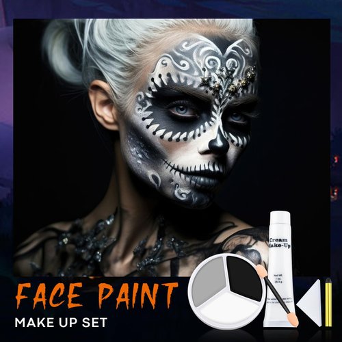 Beteligir Grey Black White Face Paint + 1PC Sponge + Brush+ Black Stick+ White Cream. Face Painting Kit for Halloween Skeleton Skull, Clown Cosplay, SFX Special Effect and Theme Parties (01)