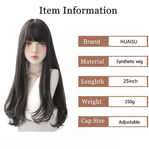 HUAISU Long Black Wig With Bangs Natural Hair Wig for Women Cosplay Wig (Black, 25inch)