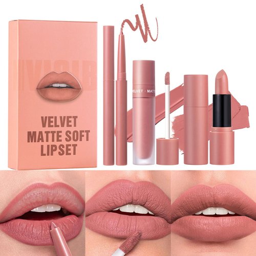 ARCHIDATE 3 in 1 Matte Velvet Nude Lipstick Set- Lip Gloss, Lipstick and Lip Liner Set, Waterproof & Long Wear High Pigment Smooth Non-Stick Cup Lip Liner and Lipstick Combo, Fast to Build Lip Contour