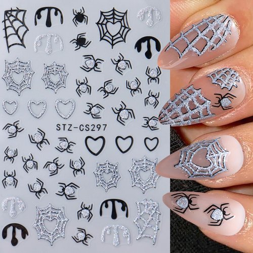 4 Sheets Halloween Nail Stickers 3D Self-Adhesive Spider Web Nail Art Stickers Black Gold Silver White Spider and Spider Web Nail Decals Glitter Design Halloween Nail Supplies for Women Girls