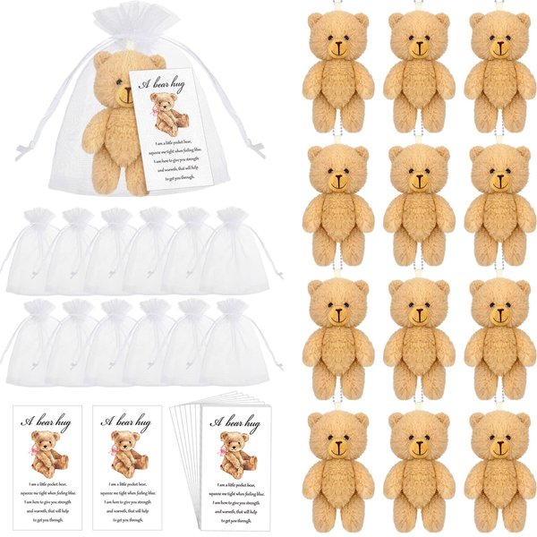 Zhanmai Set of 12 Mini Plush Smile Bears Gift Little Pocket Bear Inspirational Bear Hug Gift Card Organza Bags for Valentine's Day Class Baby Shower Birthday Graduation Party Favors