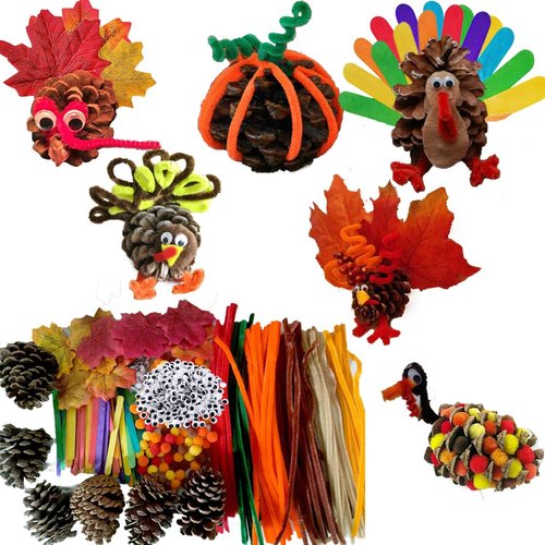 yaxwhty Thanksgiving Pinecone Trukey Craft Kit,Thankful Pinecone Craft with pom poms,Black Wiggle Googly Eyes, Pipe Cleaners,Artificial Maple Leaves,Colored Popsicle Sticks, Natural Pinecones﻿