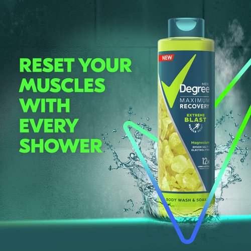 Degree Men Maximum Recovery Body Wash and Soak For Post-Workout Recovery Skincare Routine Extreme Blast + Epsom Salt + Electrolytes Bath and Body Product 22 oz