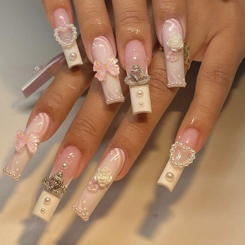 ZMRZ Press-on Nails, Long Fake Nail Tips, Ladies and Girls Manicure Artificial Nails - 24 Pieces,With a toolkit (Pink)