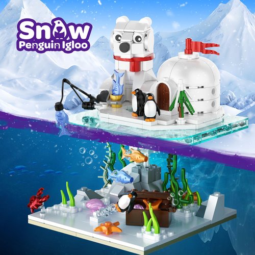 Christmas Penguin Family Building Blocks Set, Snow Adventure with Penguin and Polar Bear, Wintertime Polar Bears Christmas Décor Building Kit with Christmas Tree Toy, Gift for Boys and Girls