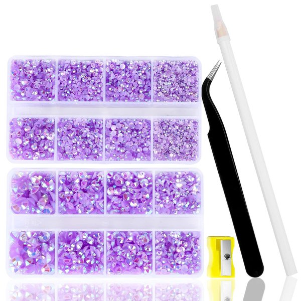 10400PCS Light Purple Rhinestones, Jelly Resin Rhinestones for Nails, Flatback Non Hotfix Crystals DIY Rhinestones for Crafts with 15 cm Pencil Sharpener and Tweezer & Picker Pen (Light Purple AB)