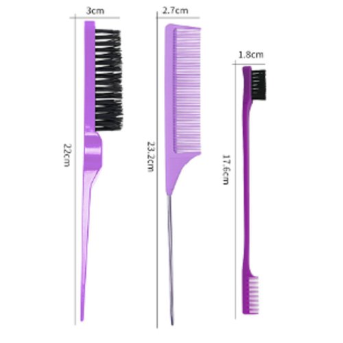 slick back hair brush, Comb Set, purple comb,3 Pcs，Slick Back Brush with Edge Brush, styling comb for kids for middle part，Rat Tail Comb, Teasing Brush Set for Smoothing brush Baby Hair