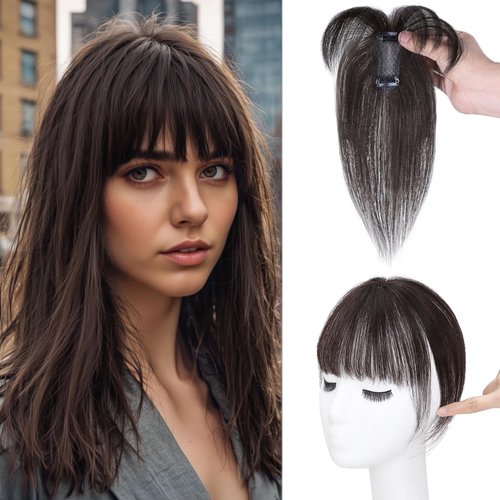NAYOO Bangs Hair Clip 100% Real Human Hair Toppers 360°3D Cover Clip in Bangs Hair pieces Wispy Bangs for Women Hair Extensions Clip on French Bangs for Daily Wear（Brown Black）