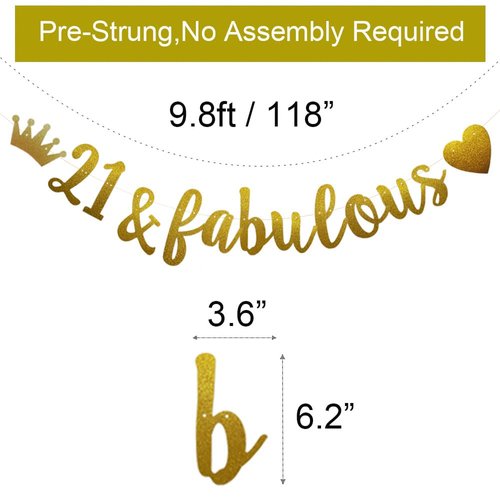 21 & Fabulous Banner, Pre-Strung, Funny Gold Paper Glitter Party Decorations for 21st Birthday Party Supplies, Letters Gold,ABCpartyland