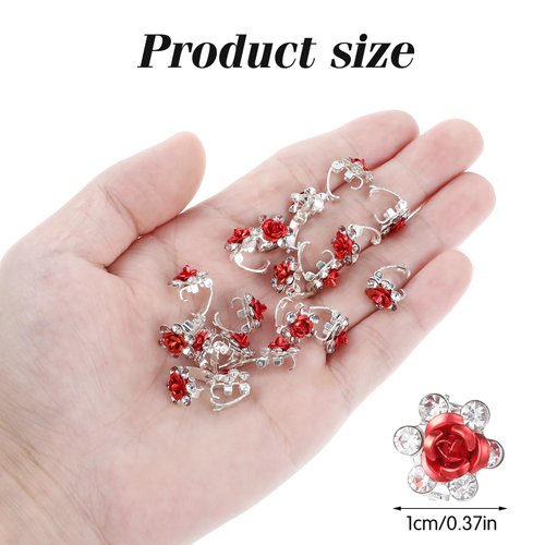 20 PCS Red Rose Hair Clip Rhinestones Red Flower Hair Pins, Tiny Hair Clips Rose Hair Accessories Flower Clips for Hair Mini Flower Clips Decorative Red Hair Clips for Women Valentine's Day Chirstmas