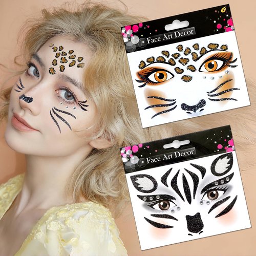 Face Gems Stickers for Women Glitter Face Stickers with Rhinestone Design Halloween Decorations Christmas Face Supplies Animal Face Decals for Party Cosplay Accessories 2Pcs (Animal)