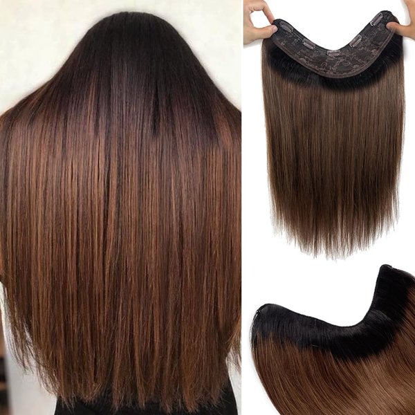 Clip in Hair Extensions Real Human Hair,One Piece Natural Black to Chestnut Brown with 5 Clips ins 3/4 Full Head Ombre Black Clip in Hair Extensions V Shape Straight Clip on for Adding Hair(14" 1BT6)