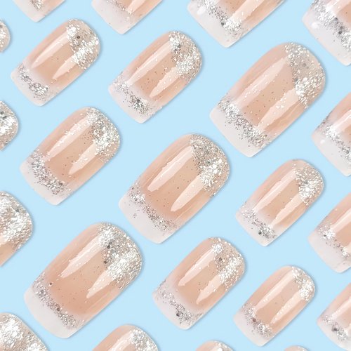 BABALAL Square Press on Nails Medium Fake Nails White Bling Glue ons Nails 24Pcs Squoval Shimmer Sparkly Acrylic Nails Gel Stick on Nails