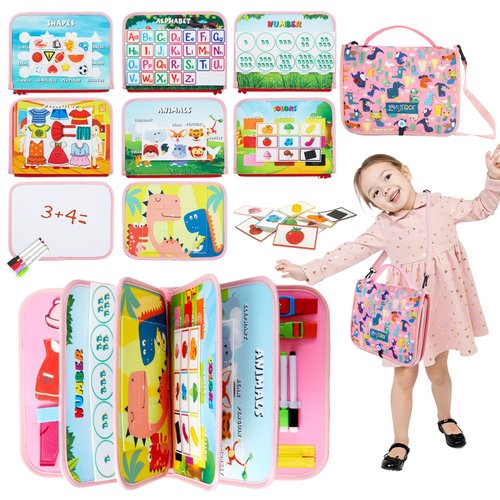 TUNJILOOL Busy Board Montessori Toys for Kids Toddler, 10 in 1 Activity Sensory Board Learning Toys for Learning & Education Toys Travel for Boys Girls (Pink-4Page with Sling)