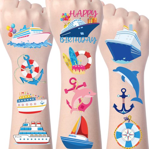 Gameza Cruise Temporary Tattoos Sticker - 220+ Nautical Temporary Tattoos Cruise Birthday Party Favors Decorations Supplies Sailor Boat Happy Birthday Temporary Tattoos for Boys Girls Classroom Prizes