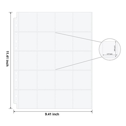 50ct 20-Pocket Coin Pages - Coin Pocket Pages for 2 x 2 Inch Cardboard Coin Holders, 11 Holes for Coin Binder, Coin Collecting Album Protectors, Coin Collection Storage