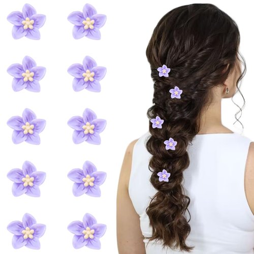 10 Pcs Small Flower Hair Clips Accessories for Women Girls, Cute Mini Flower Hair Pins with Rhinestone, Lily Flower Clips Metal Hair Barrettes Wedding Bridal Styling Decorative(Purple)