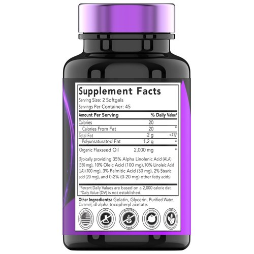 tnvitamins Organic Flaxseed Oil Softgels: 2000 mg x 90 Softgels | High in Omega-3 Fatty Acids | Flaxseed Oil Supplement for Women & Men | Non-GMO