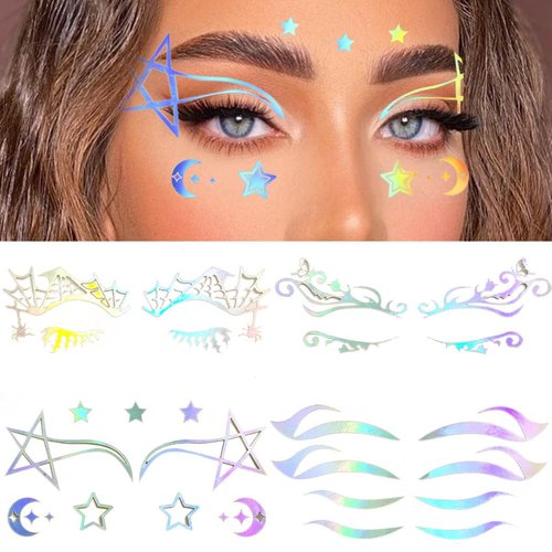 Uranian Holographic Eyeliner Stickers Temporary Self-adhesive Eyeshadow Sticker for Women Girls Spider Web Stars Eyelid Tape Wing Eye Makeup Stickers for Halloween Carnival Club Festival Party (Set 1)